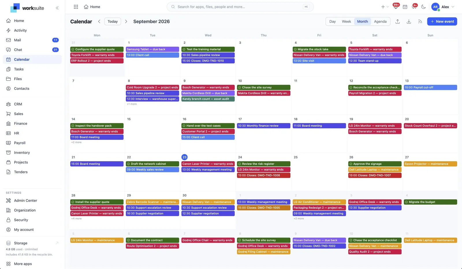The WorkSuite calendar in month view with meetings, tasks and service visits