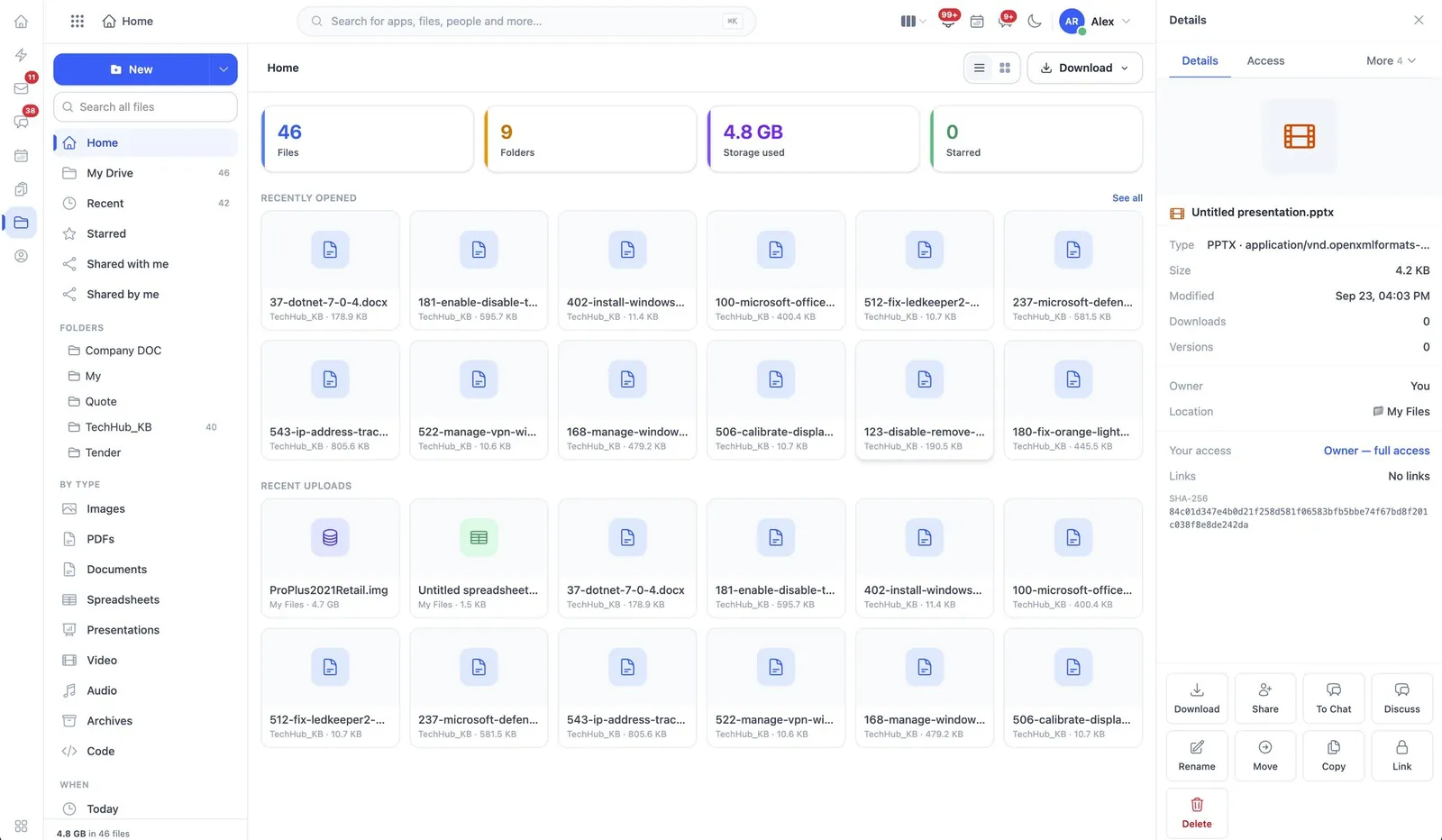 The WorkSuite Drive home screen with folders, recent files and file details
