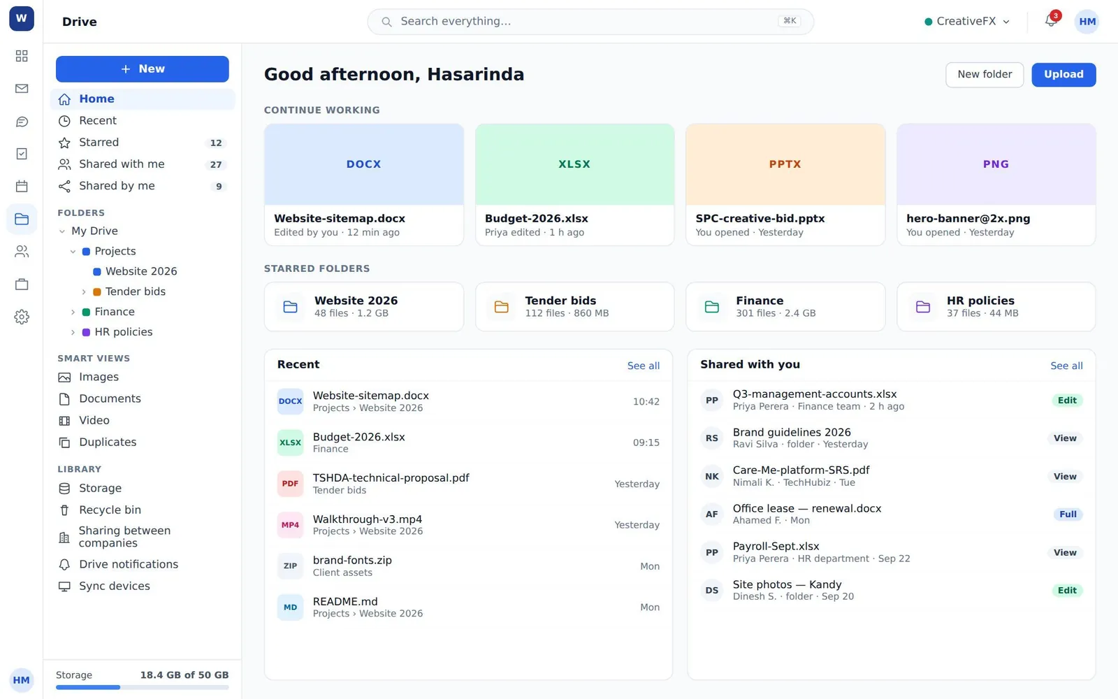 The Drive home screen with continue working, starred folders, recent files and shared with you