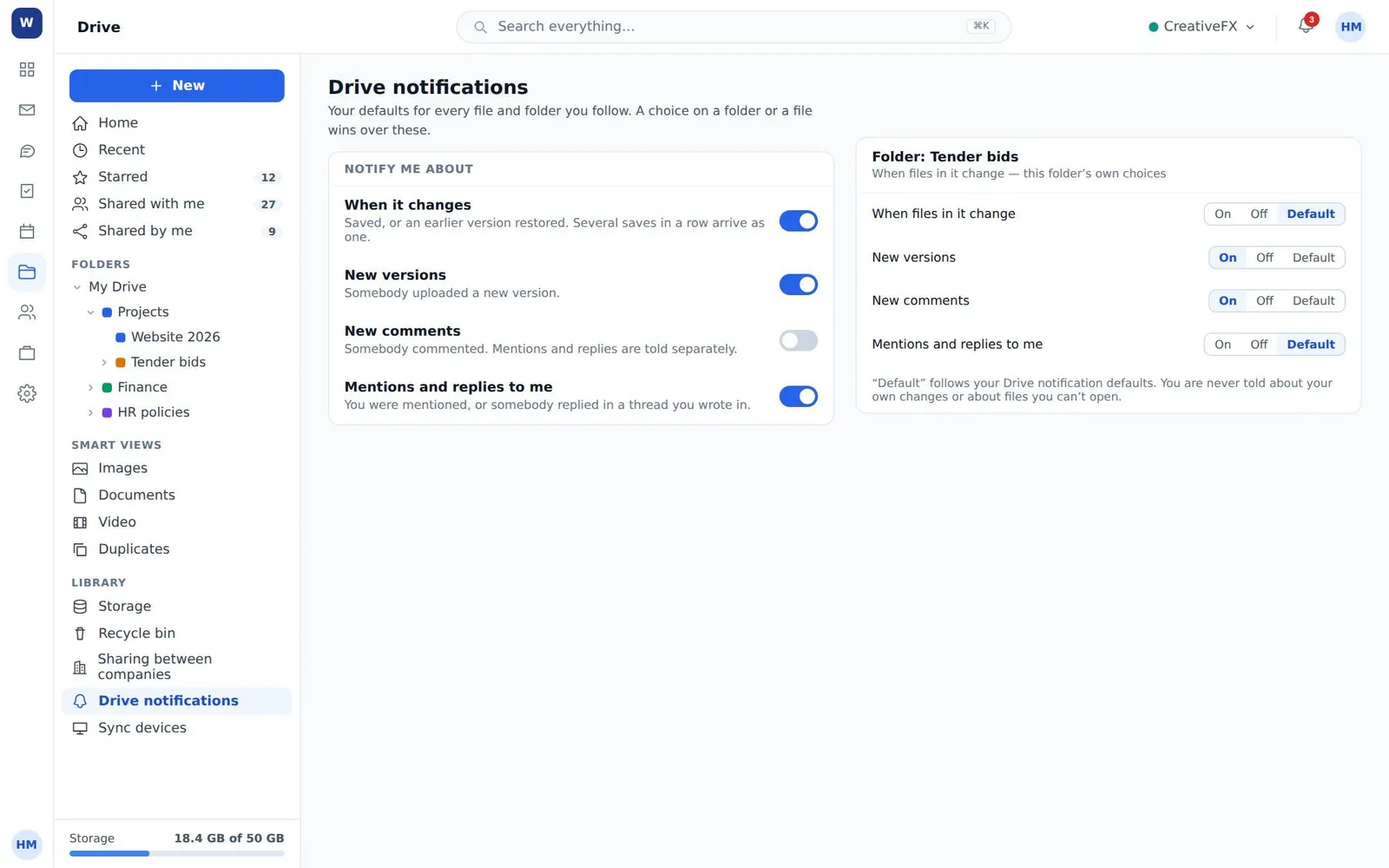 Drive notification defaults with a per-folder override