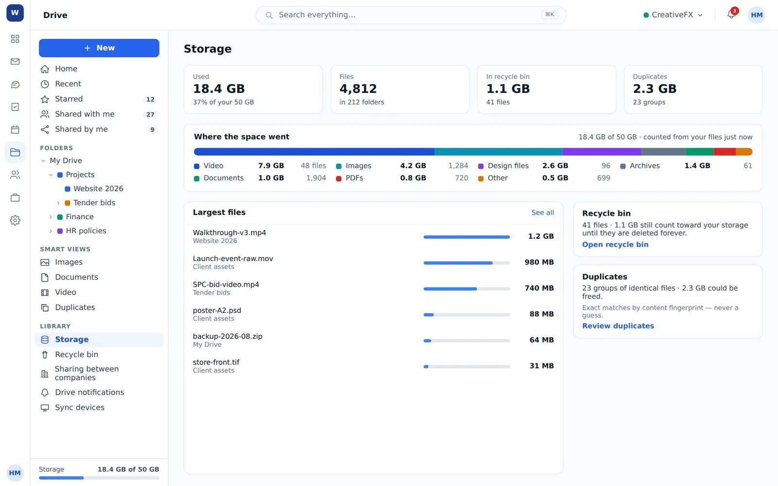 The storage screen with usage by kind, largest files, recycle bin and duplicates