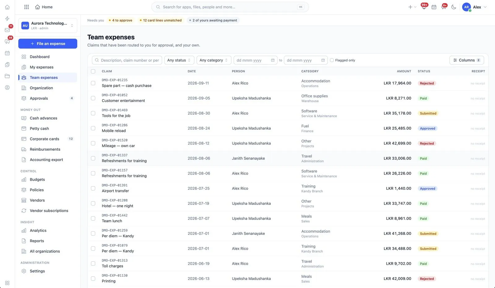 Team expense claims listed with status, category and amount
