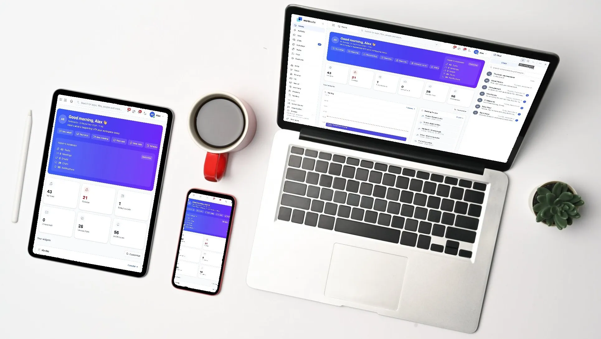 WorkSuite running on a laptop, a tablet and a phone
