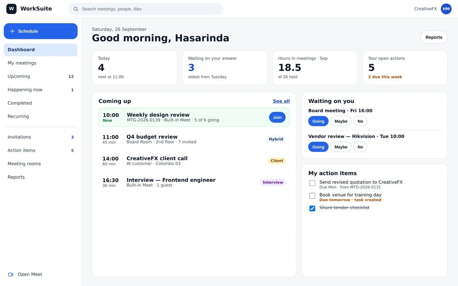 The meetings dashboard, with upcoming meetings, invitations and outstanding actions
