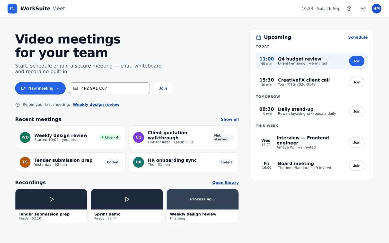The Meet home screen, offering to start, join, or go back to a recent meeting