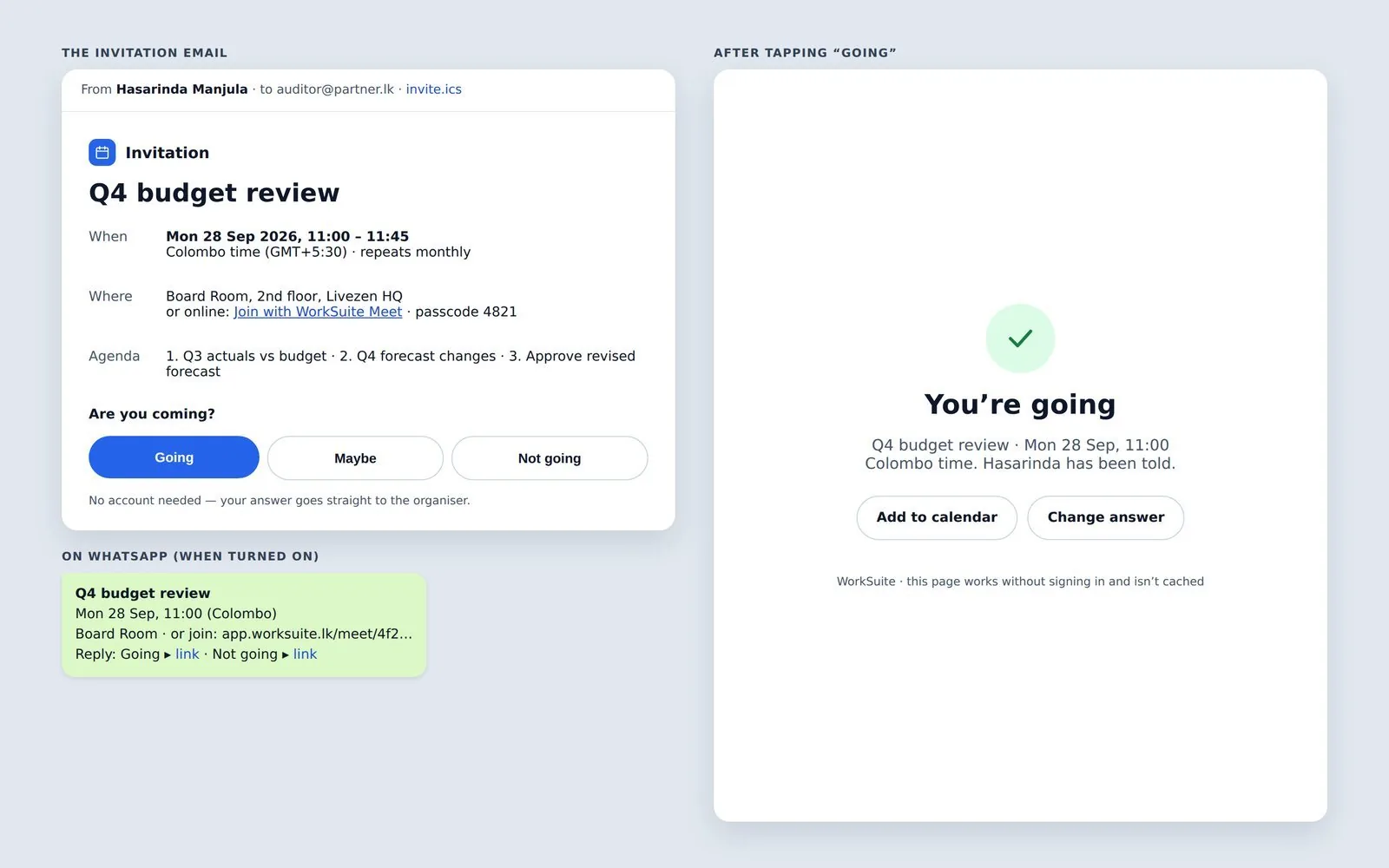 The meeting invitation as a participant receives it