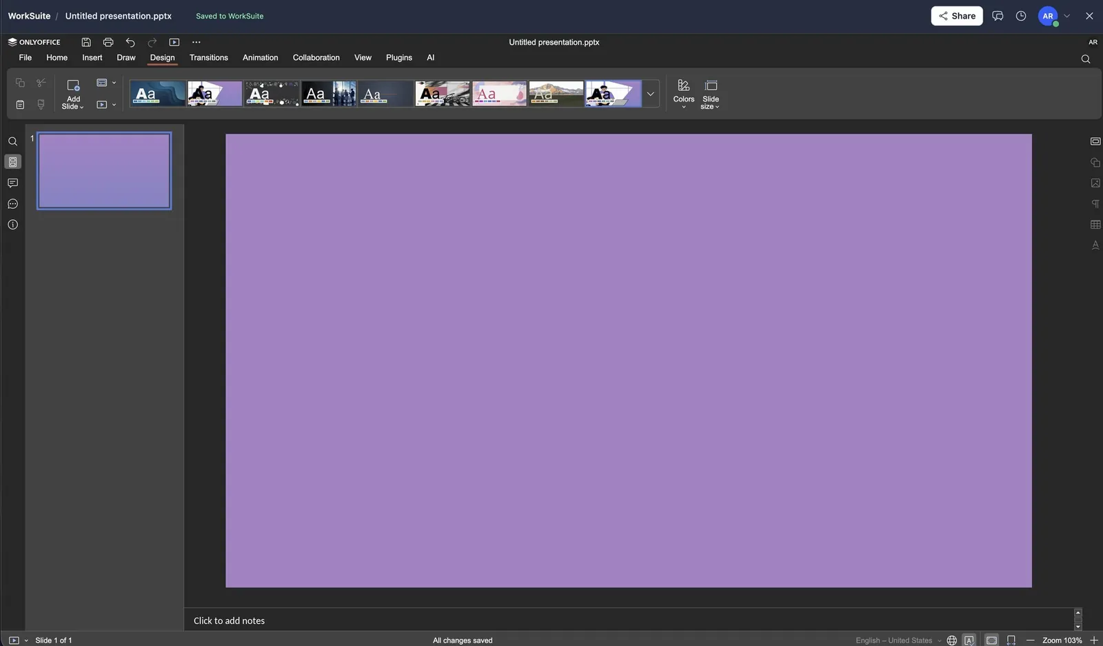 A presentation open for editing inside WorkSuite