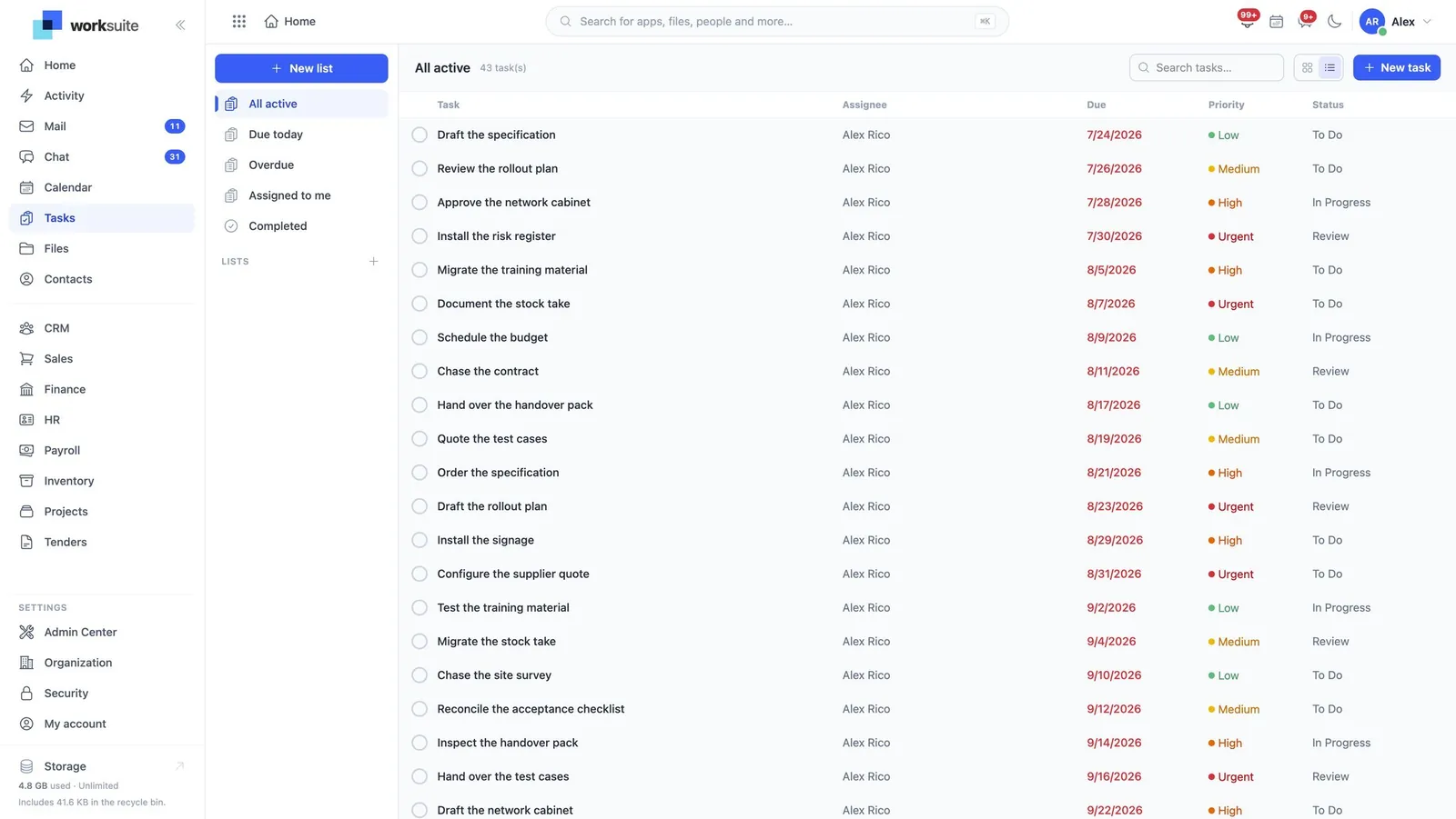 A task list showing assignee, due date, priority and status